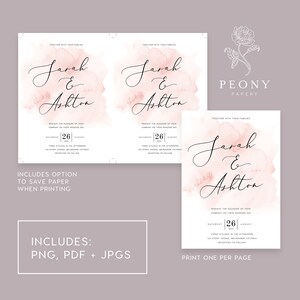 May include: Wedding invitation with a watercolor background in shades of pink. The invitation features the names "Sarah & Ashton" in elegant calligraphy. The date of the wedding is "Saturday, August 26, 2021" and the time is "Three o'clock in the afternoon". The location is "183 Story Avenue, Melbourne Victoria".