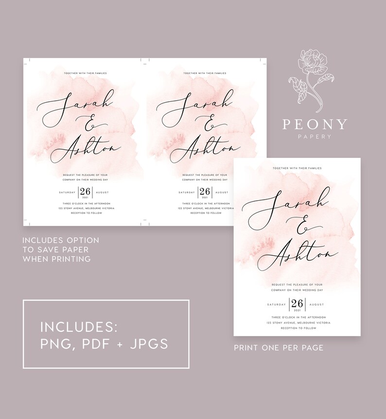 May include: Wedding invitation with a watercolor background in shades of pink. The invitation features the names "Sarah & Ashton" in elegant calligraphy. The date of the wedding is "Saturday, August 26, 2021" and the time is "Three o'clock in the afternoon". The location is "183 Story Avenue, Melbourne Victoria".