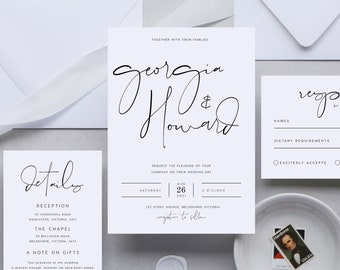 Calligraphy Wedding Invitation Set INSTANT DOWNLOAD Minimal, Simple, Modern, White, Basic Wedding Invite, Editable Templett Template PEO028