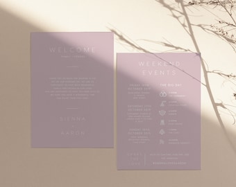 Dusty Pink Wedding Timeline DESCARGA INSTANTE Nota de la bolsa de bienvenida, Plantilla de itinerario, Orden de eventos, Horario del día de la boda, Editable, PEO002