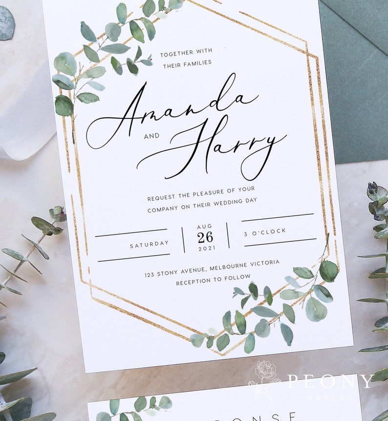 Greenery Wedding Invitation Set INSTANT DOWNLOAD Gold Foil, Green and ...
