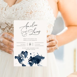 Invitación de boda de destino DESCARGA INSTANTE Viaje, Mapa mundial azul marino, Invitación de boda básica, Plantilla Templett editable PEO049