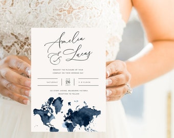 Destination Wedding Invitation INSTANT DOWNLOAD Travel, Navy Blue World Map, Basic Wedding Invite, Editable Templett Template PEO049