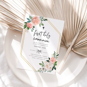 Floral First Holy Communion Invitation INSTANT DOWNLOAD Editable, PDF Printable, 5x7, Australia, Baptism, Christening, Dedication - PBS010