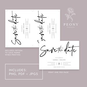 May include: Save the date card with a black script font that says "Save the date" for the wedding of Andrea and Sheldon on August 26th in Melbourne. The card is white with black text and a simple design.