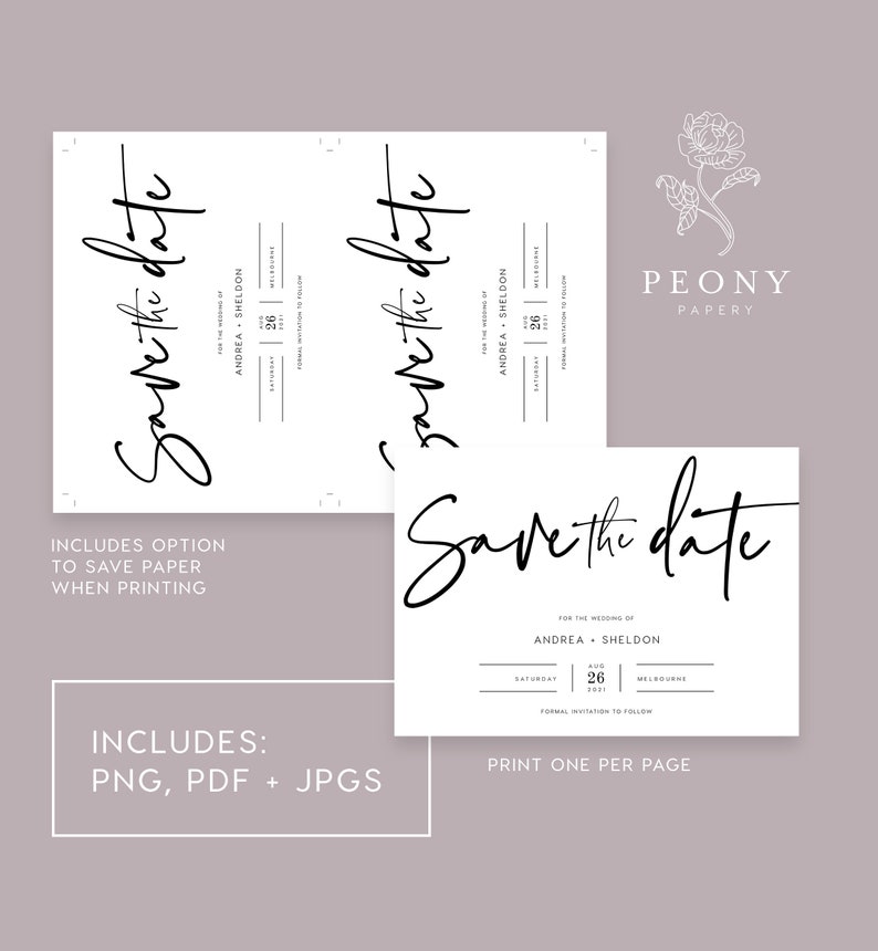 May include: Save the date card with a black script font that says "Save the date" for the wedding of Andrea and Sheldon on August 26th in Melbourne. The card is white with black text and a simple design.