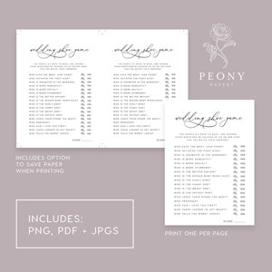 May include: A printable wedding shoe game with questions for the couple to answer. The game includes questions like "Who eats the most junk food?" and "Who is the better driver?" The game is printed on white paper with black text and a floral design.
