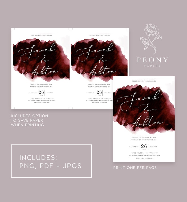 Burgundy Wedding Invitation Set INSTANT DOWNLOAD Modern Watercolour Invite, Deep Red, Wedding Invite, Editable Templett Template PEO018 image 6