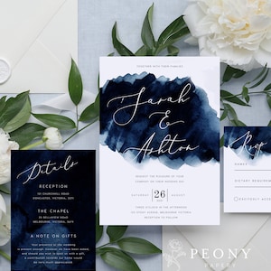 Faire-part de mariage bleu marine ensemble TÉLÉCHARGEMENT INSTANTANÉ Invitation aquarelle moderne, bleu marine, invitation de mariage, modèle Templett modifiable PEO017