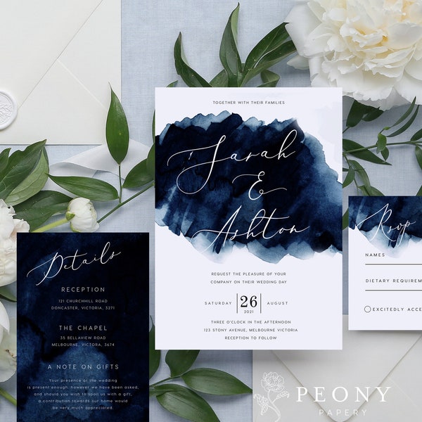 Navy Wedding Invitation Set INSTANT DOWNLOAD Modern Watercolour Invite, Navy Blue, Wedding Invite, Editable Templett Template PEO017