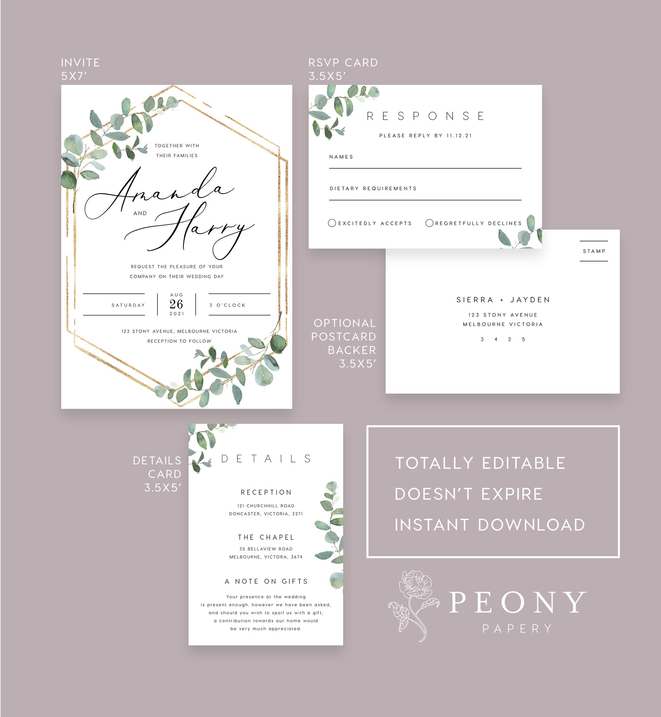 Greenery Wedding Invitation Set INSTANT DOWNLOAD Gold Foil, Green and ...