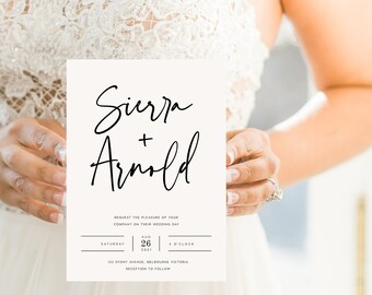 May include: A white wedding invitation card with black text. The card reads "Sierra + Arnold" in cursive script. The date and time of the wedding are listed as "Saturday, August 26, 2021, 3 o'clock". The location is listed as "123 Stony Avenue, Melbourne Victoria". The card also includes the text "Reception to follow".