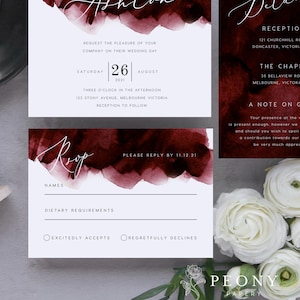 Burgundy Wedding Invitation Set INSTANT DOWNLOAD Modern Watercolour Invite, Deep Red, Wedding Invite, Editable Templett Template PEO018 image 5