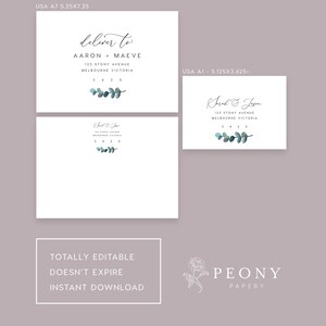 May include: Editable printable address labels with a eucalyptus leaf design. The labels are for a wedding and include the text "deliver to" and the names "Aaron + Maeve". The labels are in the sizes USA A7 (5.25 x 7.25 inches) and USA A1 (5.125 x 3.625 inches).