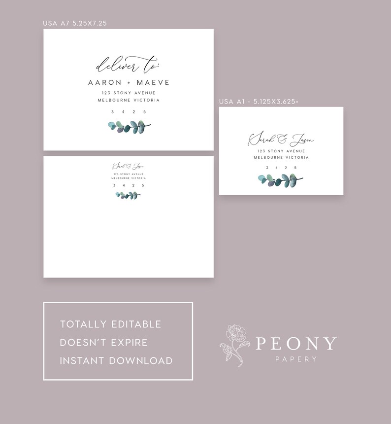 May include: Editable printable address labels with a eucalyptus leaf design. The labels are for a wedding and include the text "deliver to" and the names "Aaron + Maeve". The labels are in the sizes USA A7 (5.25 x 7.25 inches) and USA A1 (5.125 x 3.625 inches).
