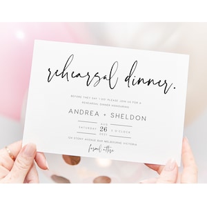 May include: White card with black text announcing a rehearsal dinner for Andrea and Sheldon. The event is scheduled for Saturday, August 26, 2021, at 3 o'clock at 124 Stony Avenue Bar in Melbourne, Victoria. The dress code is formal attire.