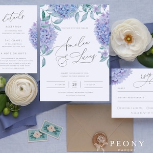Conjunto de convite de casamento Hydrangea DOWNLOAD INSTANTÂNEO Flores azuis, casamento índigo, convite de casamento floral, modelo Templett editável PEO007