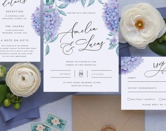Hydrangea Wedding Invitation Set INSTANT DOWNLOAD Blue Flowers, Indigo Wedding, Floral Wedding Invite, Editable Templett Template PEO007