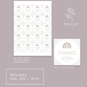 May include: A set of 20 printable baby shower favor stickers featuring a rainbow design with the text "Thanks Daphne's Baby Shower 11.12.21". The stickers are designed to be printed on a single sheet of paper.