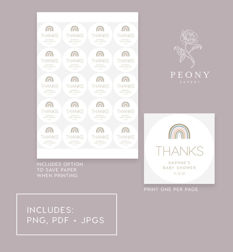 May include: A set of 20 printable baby shower favor stickers featuring a rainbow design with the text "Thanks Daphne's Baby Shower 11.12.21". The stickers are designed to be printed on a single sheet of paper.