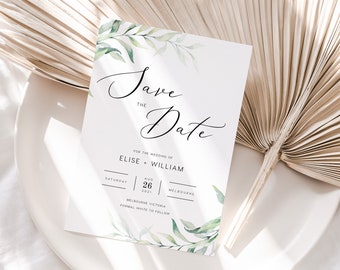 Laurel Save the Date INSTANT DOWNLOAD Eucalyptus, Leaves, Greenery White, Basic Save the date Announcement Editable Templett Template PEO039