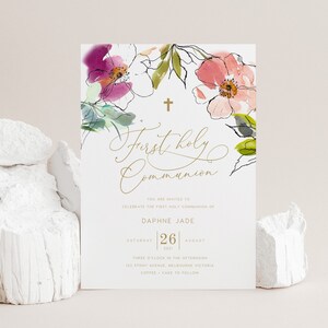 Floral First Holy Communion Invitation INSTANT DOWNLOAD Editable, PDF Printable, 5x7, Australia, Baptism, Christening, Dedication - PR012