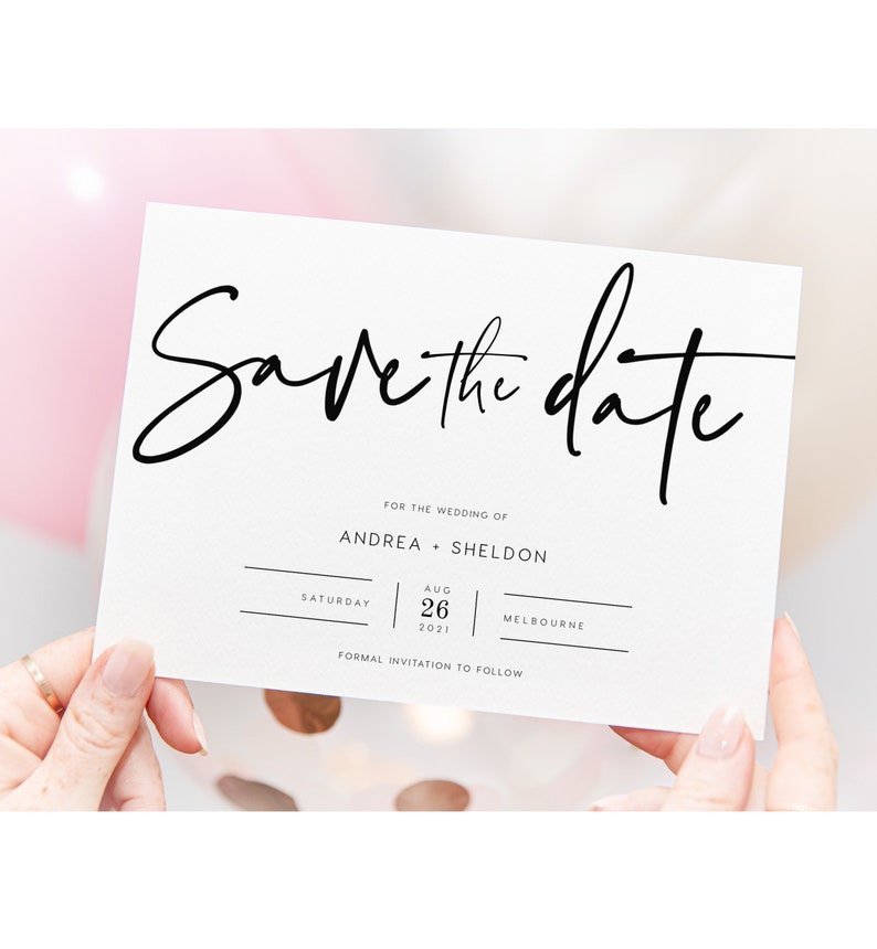 May include: Save the date card with a black script font for the wedding of Andrea and Sheldon. The date is Saturday, August 26, 2021 in Melbourne.