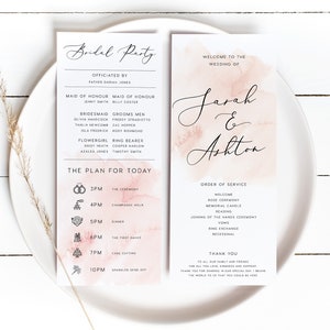 May include: A wedding ceremony order of service with a watercolor background in shades of pink and peach. The order of service includes the names of the bride and groom, Sarah & Ashton, and the wedding party. The ceremony will take place at 3:00 PM, followed by a champagne hour at 4:00 PM, dinner at 5:00 PM, the first dance at 6:00 PM, cake cutting at 7:00 PM, and a sparkler send-off at 10:00 PM.