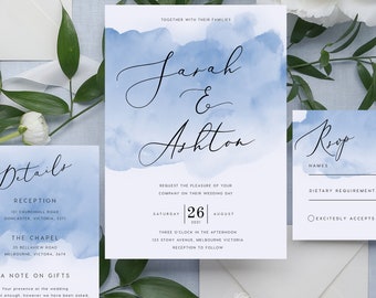 Dusty Blue Wedding Invitation Set INSTANT DOWNLOAD Modern Watercolour Invite, Sky Blue, Wedding Invite, Editable Templett Template PEO016