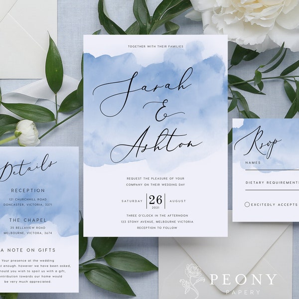 Dusty Blue Wedding Invitation Set INSTANT DOWNLOAD Modern Watercolour Invite, Sky Blue, Wedding Invite, Editable Templett Template PEO016