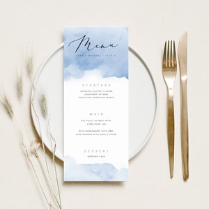 Stoffig blauw menu INSTANT DOWNLOAD aquarel diner bruiloft, bewerkbare tafelmenu, afdrukbaar menu, minimale Templett sjabloon PEO016