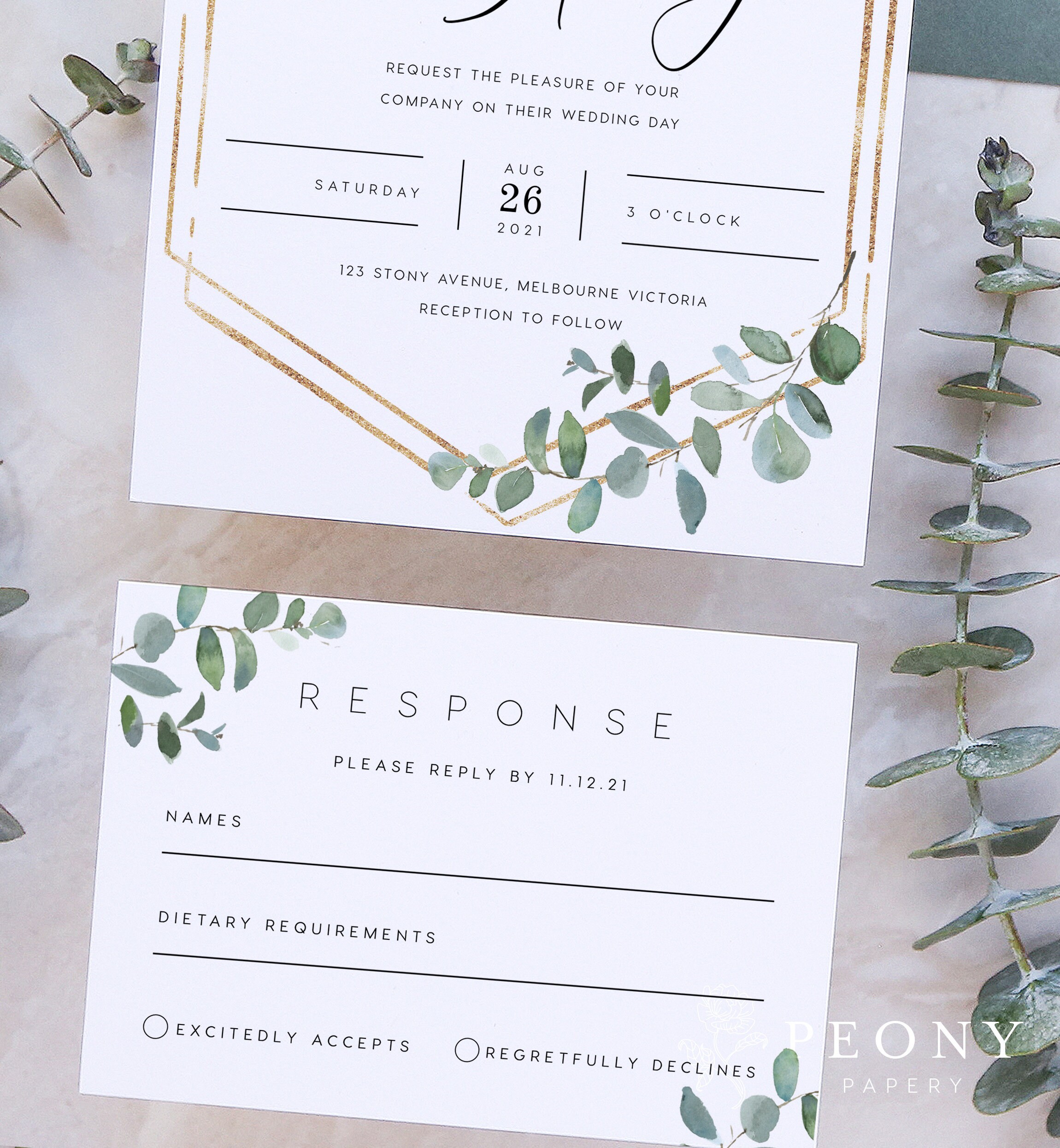 Greenery Wedding Invitation Set INSTANT DOWNLOAD Gold Foil, Green and ...