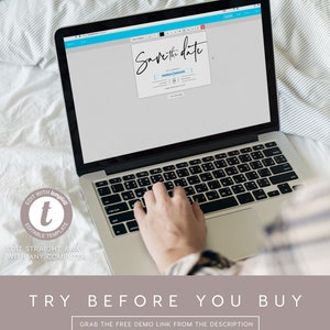 May include: A laptop computer with a white screen displaying a save the date template. The text "Save the date" is written in black cursive font. The laptop is on a white and blue striped bedspread. The text "EDIT STRAIGHT AWAY WITH ANY COMPUTER" is displayed below the laptop.