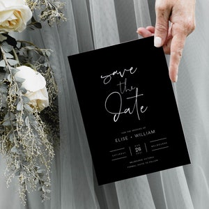 Black Save the Date INSTANT DOWNLOAD Minimal, Simple, Modern White, Basic Save the date Announcement Editable Templett Template PEO029