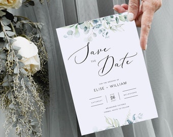 Eucalyptus Save the Date INSTANT DOWNLOAD Australian, Leaves, Greenery, Basic Save the date Announcement Editable Templett Template PEO041