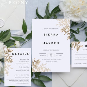 Conjunto de invitación de boda de lámina de oro DESCARGA INSTANTE Look de Goil dorado, invitación de boda floral de oro, plantilla Templett editable PEO032