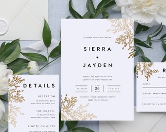 Gold Foil Wedding Invitation Set INSTANT DOWNLOAD Gold Goil Look, Gold Floral Wedding Invite, Editable Templett Template PEO032