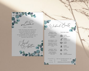 Chronologie du mariage de verdure TÉLÉCHARGEMENT INSTANTANÉ Note de sac de bienvenue, modèle d’itinéraire, ordre des événements, calendrier du jour du mariage, modifiable, PEO009