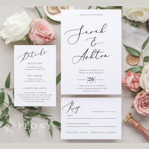 Conjunto de invitación de boda de caligrafía DESCARGA INSTANTE Mínimo, Simple, Moderno, Blanco, Invitación de boda básica, Plantilla Templett editable PEO004
