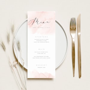 Blush Pink Menü SOFORTIGER DOWNLOAD Aquarell Dinner Hochzeit, bearbeitbares Tischmenü, druckbares Menü, Minimal Templett Vorlage PEO015