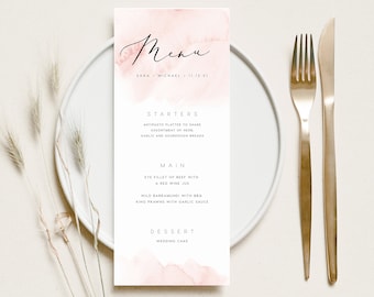 Blush Pink Menu INSTANT DOWNLOAD Watercolor Dinner Wedding, Editable Table Menu, Printable Menu, Minimal Templett Template PEO015