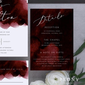 Burgundy Wedding Invitation Set INSTANT DOWNLOAD Modern Watercolour Invite, Deep Red, Wedding Invite, Editable Templett Template PEO018 image 7