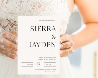 May include: A white wedding invitation card with black text. The card reads "Together with their families, Sierra & Jayden, Request the pleasure of your company on their wedding day, Saturday, August 26, 2021, 3 o'clock, 123 Stony Avenue, Melbourne Victoria, Reception to follow."