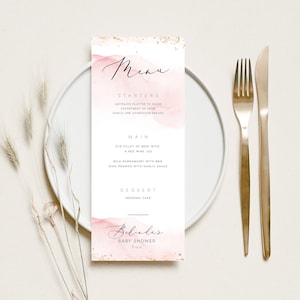 Baby Shower Menu INSTANT DOWNLOAD Lunch / Dinner Menu, Editable Table Menu, Printable Menu, Minimal Templett Blush Pink + Gold PBS001