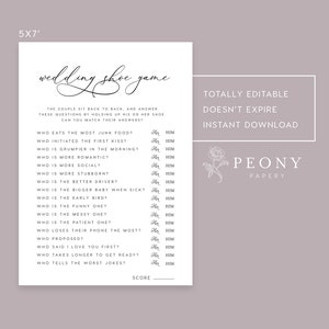 May include: A printable wedding shoe game with questions for the couple to answer by holding up their shoes. The questions include "Who eats the most junk food?" and "Who is the bigger baby when sick?"  The game is editable and includes a score line.