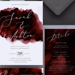 Burgundy Wedding Invitation Set INSTANT DOWNLOAD Modern Watercolour Invite, Deep Red, Wedding Invite, Editable Templett Template PEO018 image 3