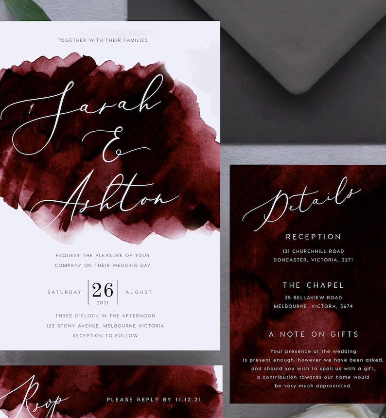 Burgundy Wedding Invitation Set INSTANT DOWNLOAD Modern Watercolour Invite, Deep Red, Wedding Invite, Editable Templett Template PEO018 image 3