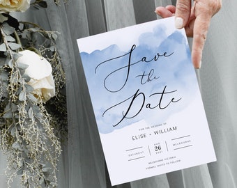 Blue Save the Date INSTANT DOWNLOAD Watercolour Dusty Blue Save the date Announcement Editable Templett Template PEO016