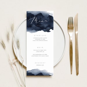Navy Blue Menu INSTANT DOWNLOAD Watercolor Dinner Wedding, Editable Table Menu, Printable Menu, Minimal Templett Template PEO046 image 1