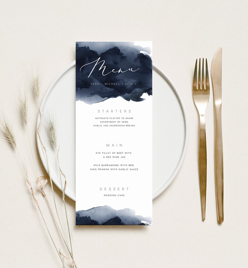Navy Blue Menu INSTANT DOWNLOAD Watercolor Dinner Wedding, Editable Table Menu, Printable Menu, Minimal Templett Template PEO046 image 1